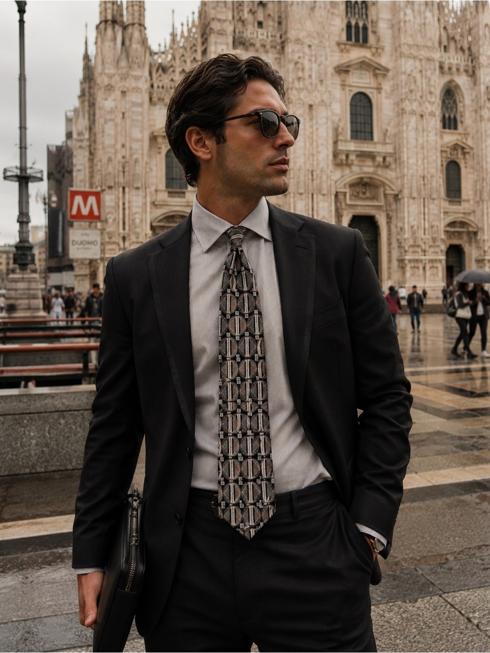 Milano Uomo 100% Silk Geometric Art Deco Tie Black Gray Taupe 57” x 4”